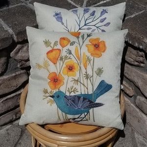 Birds Flowers accent Linen pillow covers set of 2 17x17 inches